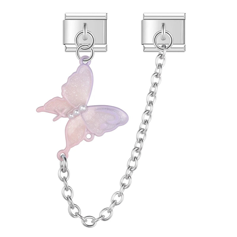 Charm Italiano Doble - Cadena Mariposa con Perlas (Estilo Pastel)