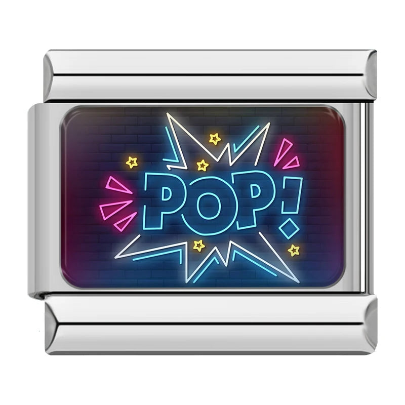 Charm Italiano Link - Colección "Neon Vibes": Luces LED, Amor y Fiesta (Acero Plata)