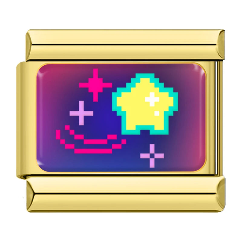 Charm Italiano Link - Colección "Pixel Art" Retro 8-Bit y Gamer (Acero Dorado)