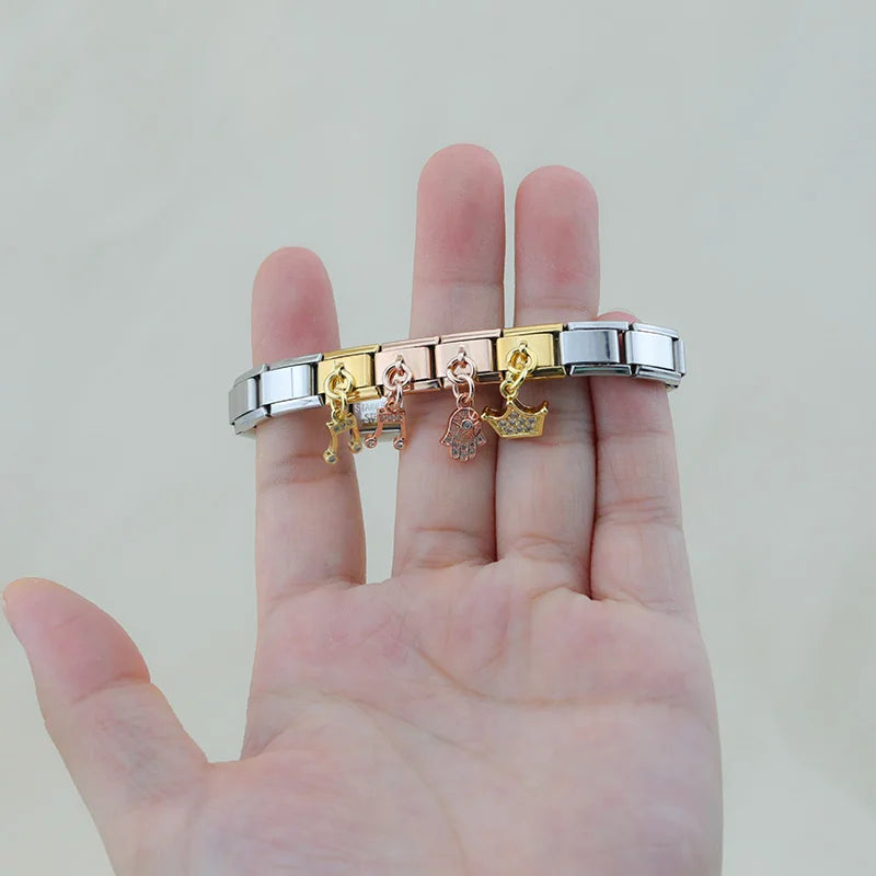 Charm Italiano Colgante - Colección Símbolos Brillantes (Corona, Música, Mano de Fátima)