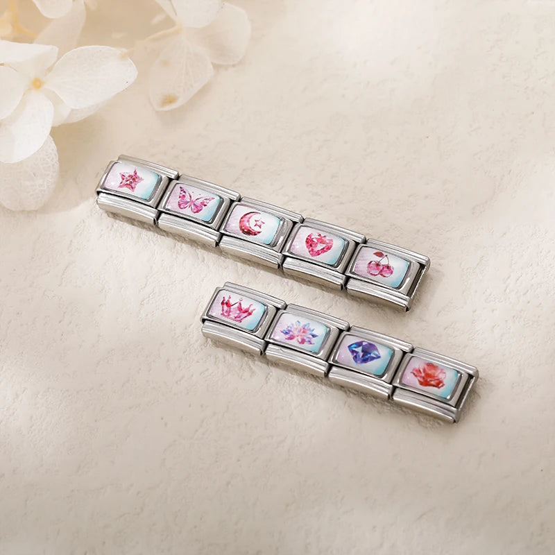 Charm Italiano Link - Colección "Gemas y Destellos": Corazones, Coronas y Cristales (Acero Plata)