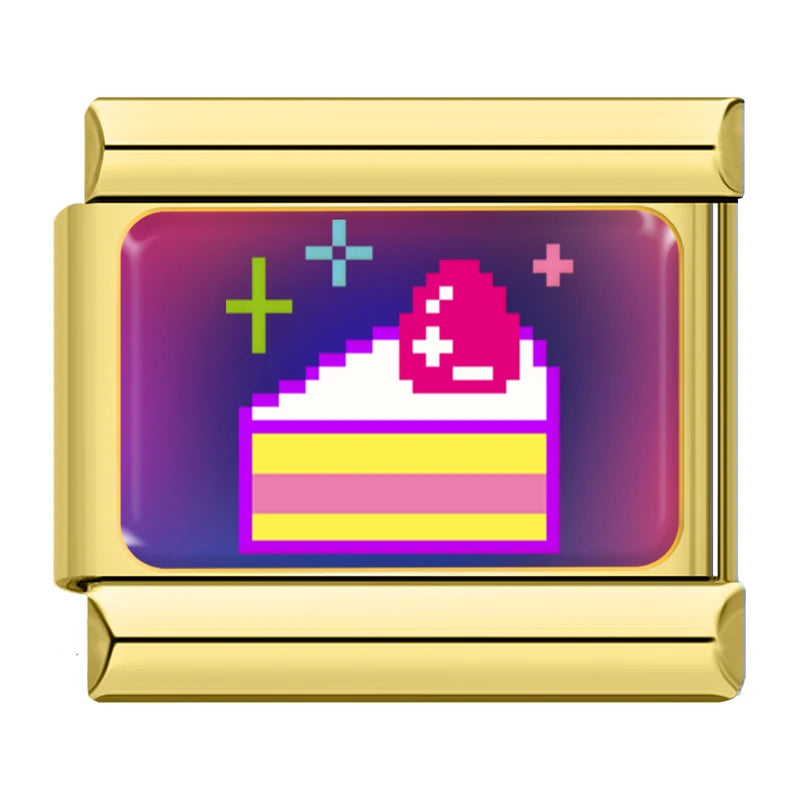 Charm Italiano Link - Colección "Pixel Art" Retro 8-Bit y Gamer (Acero Dorado)