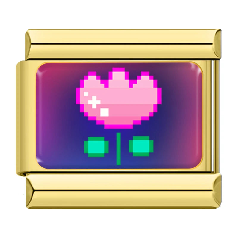 Charm Italiano Link - Colección "Pixel Art" Retro 8-Bit y Gamer (Acero Dorado)